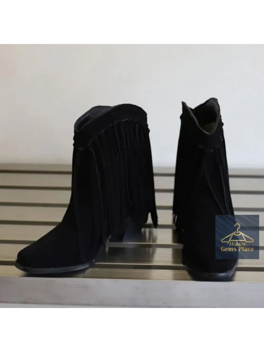 Faux Suede Fringe Cowboy Ankle Boots Women Pull On Square Toe Western Booties